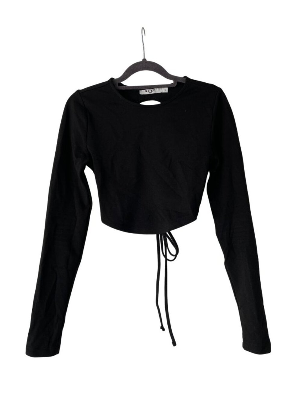 NA-KD Open Back Cropped Long Sleeve Top Black M